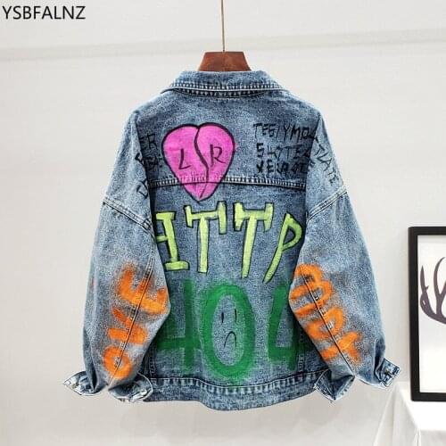 2020 Woman Blue Denim Jacket Streetwear Letters Harajuku Jean Coat Stitching Painted Graffiti Autumn Korean Fashion Top Clothes