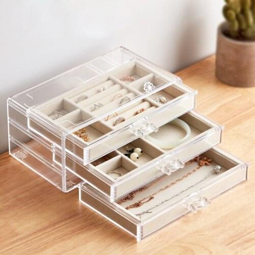 WomenS Jewelry Box with 3 Drawers, Transparent Jewelry Storage Box with 3 Fleece Cloth Flannel Bottom Desktop Finishing Box