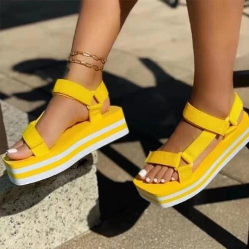 Large size 2021 new color matching square toe sandals womens platform sandals with thick-soled velcro beach slippers