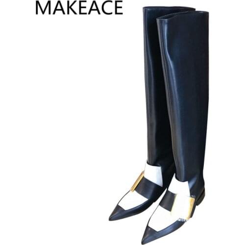 Black Over The Knee Boots Women Gold Buckle Knight Boots Ladies Flats Thigh High Boots Woman Runway Long Boots Women Shoes 2021