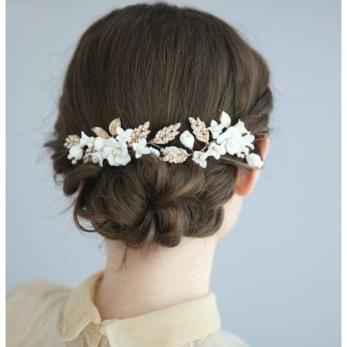 Fashion White Flower Bridal Hair Pins Leaf Women Headpiece Handmade Pearls Hair Jewelry For wedding Party Prom