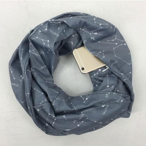 Womens Double Layer Hidden Zipper Pocket Infinity Loop Scarf Constellation Sign Line Letters Solid Color Winter Ring Blanket