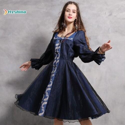 Womens New Organza Patchwork Dress Retro Court Embroidered Mid Length Skirt