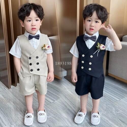 Boy Vest Clothing Set Set Summer Childrens Double Breasted Vest Shorts 2pcs Outfits Baby Korean Kids Performance Party Costume