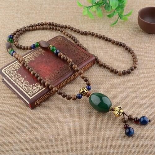 2021 New Handmade Vintage Nepal Long Buddhist Wood Beaded Pendant & Necklace Ethnic Bohemian Boho Lucky Jewelry for Women Men