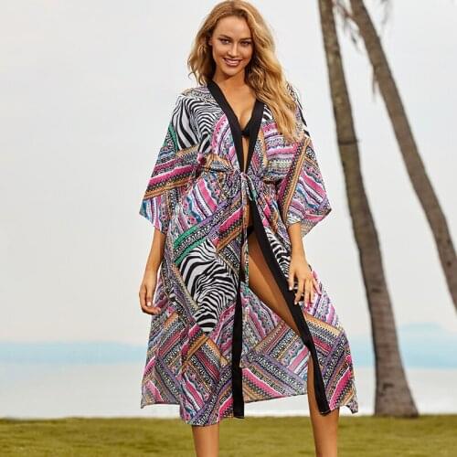 2020 Bikini Cover-ups Bohemian Printed Long Kimono Cardigan Plus Size Tunic Women Beach Wear Swim Suit Cover Up Sarongs Q1148