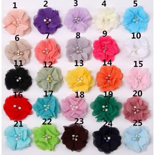 50 pcs/lot , 2" Chiffon Fabric Flower with Pearl Rhinestone Center - Mini Beaded Chiffon Flowers Pearl Flower