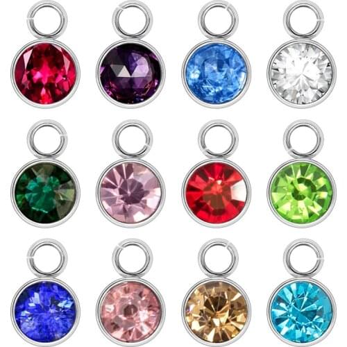 Birthstone Charms jewelry 12pcs 6mm 9mm Crystal Rhinestone Stainless Steel Charms Diy Accessories fit necklace bracelet wine