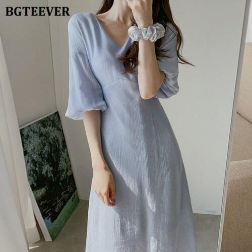 BGTEEVER Casual V-neck Women Solid Dress Lantern Sleeve Lace-up Female A-line Dress 2021 Summer Elegant Ladies Midi Vestidos
