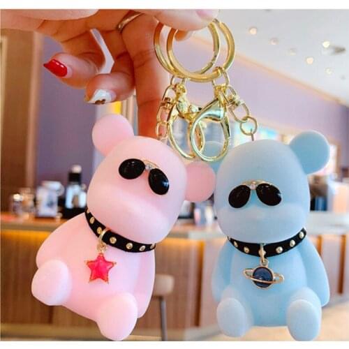 Cute 4 Colors Flocking Sunglasses Punk bear Keychain Animal Pvc Key chain Holder Llavero keyring keychain car Women Bag Charm