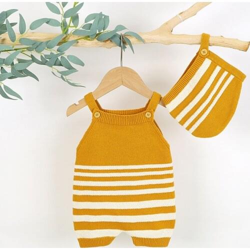 Baby Romper Sleeveless Summer Newborn Infant Jumpsuit Outfit Cotton Knitted Stripes Toddler Girl Boy Clothing Hat 2PCS Playsuits