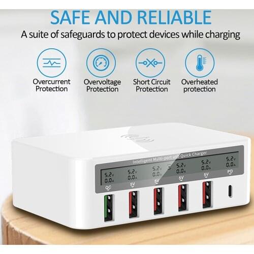 ILEPO 100W 6 Ports USB C Charger QI Wireless Charger For iPhone11 X XS Samsung Xiaomi QC3.0 Fast Charger PD Quick Charging