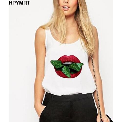 Summer Women Tank Tops Fashion Casual Top Tee White Sleeveless Woman Sexy Lips Print Harajuku Graphics Lady Vest Female Clothes
