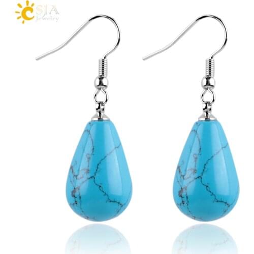 CSJA Copper Vintage Pear Shape Water Drop Dangle Earring Blue White Tophus Stone Beads Pendant Fashion Jewelry Women Gift E107