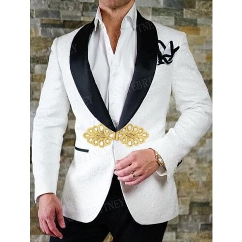 ANNIEBRITNEY Men Suit Slim Fit Tuxedo Bridegroom Suit Set Wedding Prom White Blazer with Chinese Knot Buckle Black Pants 2Pcs