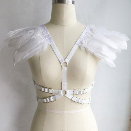 New Products Fashion Harness Cage Bra Punk Black/white Feather Open Chest Harness Women Belt Metal Buckle Decorations Lingerie