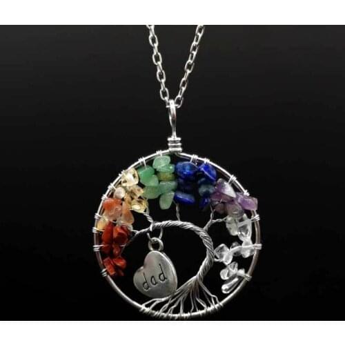 100% Handmade Wrapped Natural Stones Crystal Tree of Life Pendant Necklace Women Men Heart Engraved Letter Family Jewelry Gifts