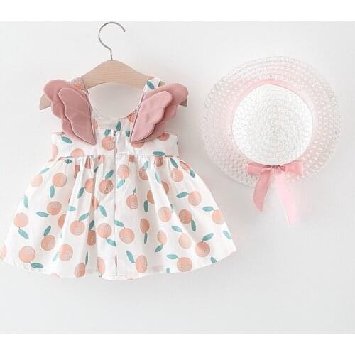 Baby Girls Dresses 2020 Summer New Baby Dress Hat 2 Piece Childrens Clothes Suits Print Bow Birthday Party Princess Dress