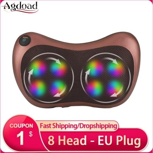 AGDOAD Home and Car Body Massage Pillow Shiatsu Kneading Massage Relaxation Colorful Light 8 Head Cervical Neck Massager EU Plug