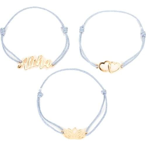 Simple Golden Letters Hollow Lotus Two Sweet Hearts Alloy Blue Rope Charm Bracelets For Women Girls