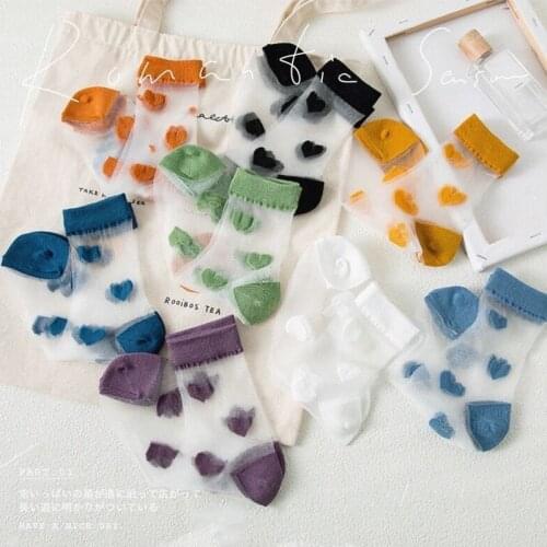 Korean Style Transparent Silk Socks Heart Print Women Kawaii Summer Socks Ultra-thin Breathable Crystal