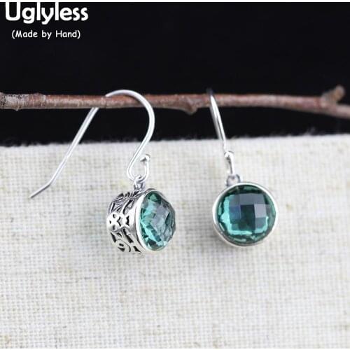 Uglyless Faceted Green Crystal Earrings for Women Hollow Ethnic Real Silver Retro Earrings 925 Silver Brincos Fine Jewelry E1716