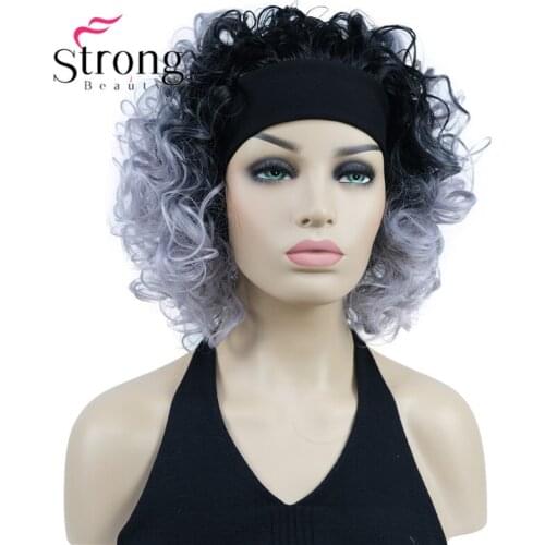StrongBeauty Ombre Silver Gray with Black Short Curly Synthetic Women Half Wig with Headband