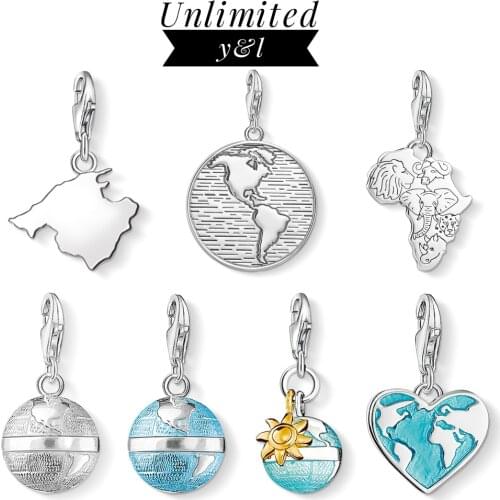 Sun Blue Earth Globe Africa Map Pendant Charms 925 Sterling Silver Elephant Lion Leopard Bracelet Necklace Jewelry Women Men