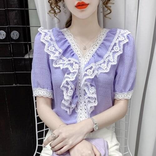 Women Short Sleeve Summer Chiffon Blouses Shirts Lady Casual Lace V Neck Blusas Ruffles Party Club Office Palace Street Lace Top