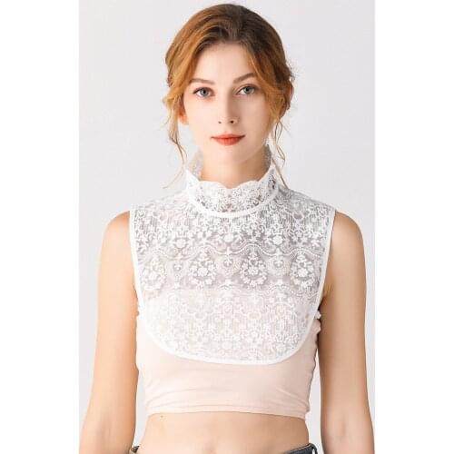 Womens Victorian Vintage Palace Half Shirt Blouse Stand-Up Ruffle Floral Lace Fake Collar Detachable Buttons Large Pointed Lapel