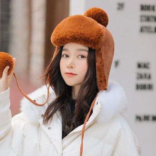Autumn Winter Suede Bomber Hats With Fluffy Balls Women 4 Colors Windproof Earflap Caps Russian Aviator Ushanka Warm Hat 58cm