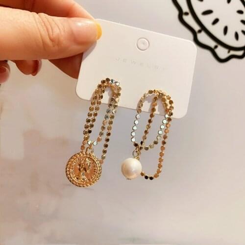 2021 New Asymmetry Personality Simulated Pearl Coin Face Dangle Earrings For Women Fashion Jewelry Vintage Brincos