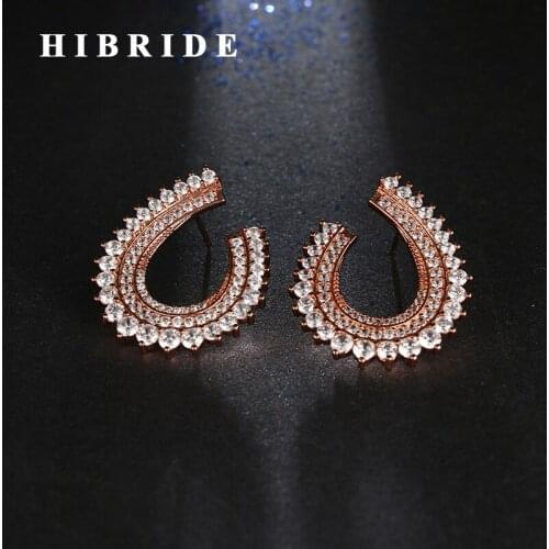 HIBRIDE Brazil Style Rhoinestone Push Back Stud Earrings Women Jewelry Rose Gold Color Bridal Earring Brincos E-404