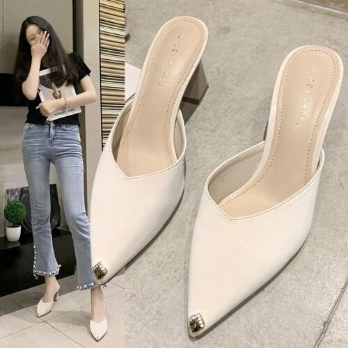 2021 Summer Fashion High Heels Crystal Premium Leather Shoes for Women Office Mules Solid Ladies Slipper Woman Pumps Slides