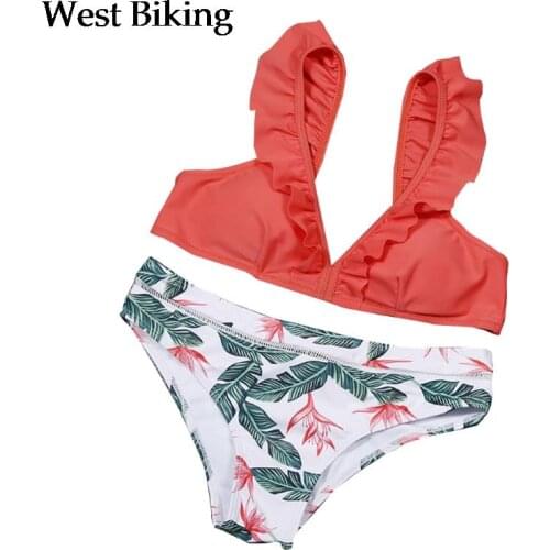 Women Sexy 2 Pieces Bikini Set Ruffle Backless Bra Printing Thong Swimsuit Bathing Suit Beachwear Swimwear