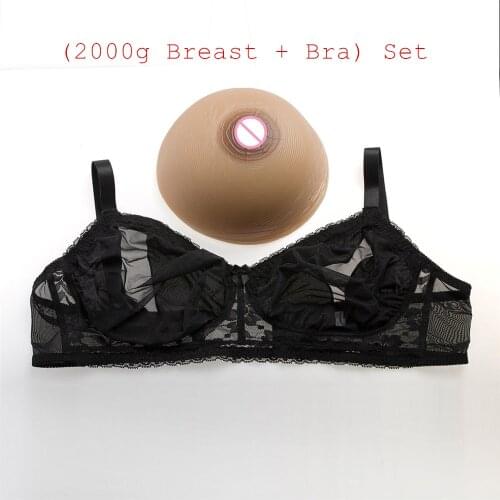 2000g/pair Brown Round Huge Silicone Boobs+Sexy Black Transparent Lace Pocket Bra ) Shemale Large Breast Form With Bra Set