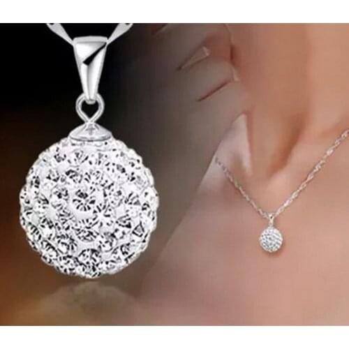 2018 Fashion Elegant Pure Silver Crystal Ball Necklace Pendant Female Silver Short Birthday Present For Girlfriend Wife FATPIG