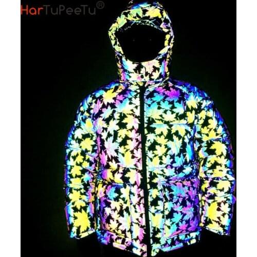 2020 Winter Rainbow Reflective Light Jacket Men Safety Maple Leaf Thick Warm Cotton Padded Hip Hop Plus Size Loose Snow Coat