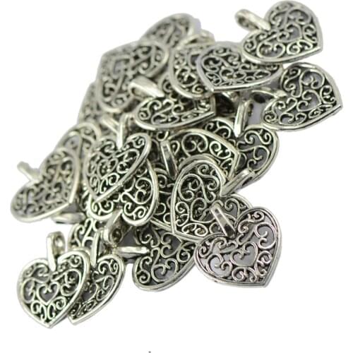 50 Pieces/Pack Retro Tibetan Silver Filigree Hollow Love Heart Charms Pendants for Necklace Bracelet Earring Beads