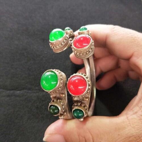 Antique red and green Ruby jade double dragon tibet silver bracelet