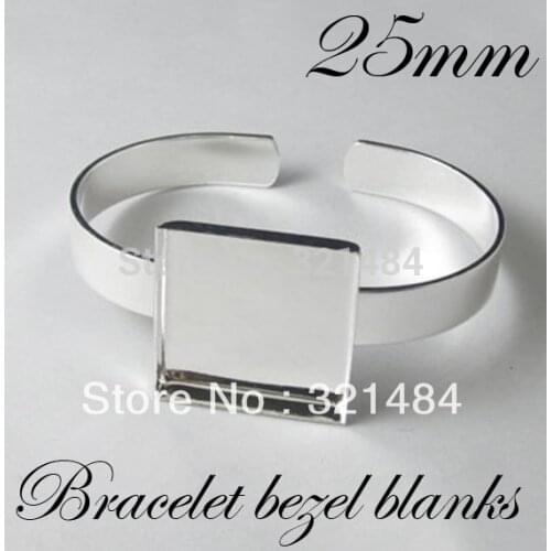 Free ship!!! Bulk 100pcs Silver plated brass metal Cuff bracelet blanks w/ 25mm Square Caps bezels cameo cabochon setting