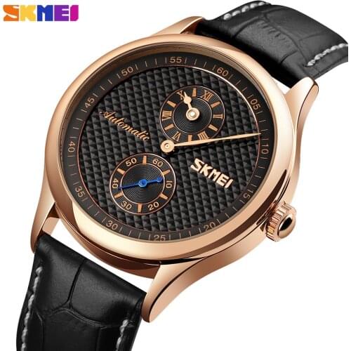 SKMEI Mens Watches Automatic Mechanical For Male Quartz Clock Hollow Dial Waterproof Leather Wristwatches Gifts Reloj Hombre