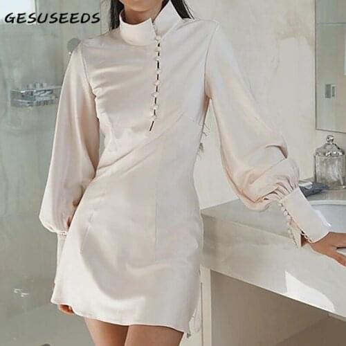 Black beige dress women summer vintage dresses long sleeve mini dress elegant stand collar party dress satin buttons vestidos