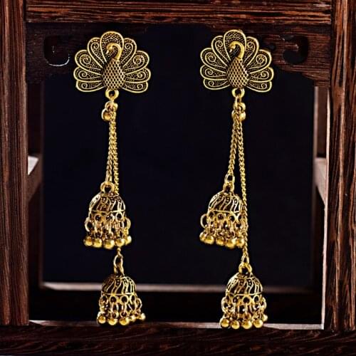 Ethnic Womens Gold Peacock Indian Jewelry Gypsy Vintage Long Chain Boho Tribe Bell Tassel Drop Earrings Jhumka Earrings