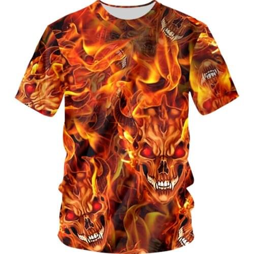CJLM Spring And Summer Flame T Shirt Red Orange Multiple Skulls Fashion O-shirts Street Style Casual Mens T-shirts Oversize 5XL