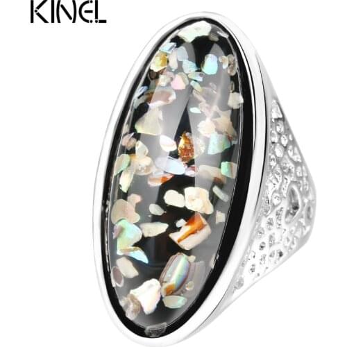 Luxury 7 Color Shells Ring For Women Dazzle Artificial Coral Accessories Silver Plated Vintage Oval Big Rings
