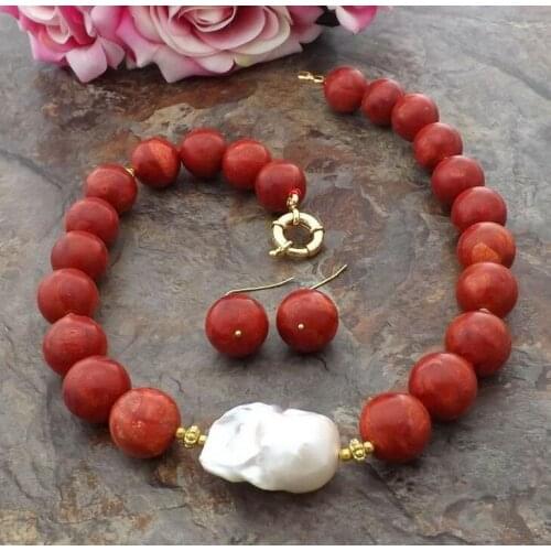 Beautiful 14 mm Red Coral White Keshi Pearl Necklace Earrings Set 18"