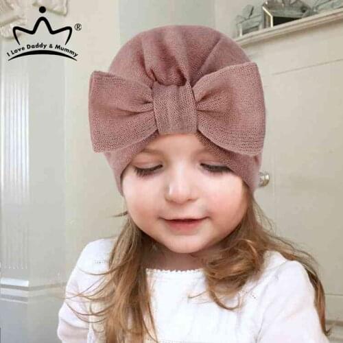 Lovely Turban Baby Hat Beanie Big Bow Cashmere Baby Girl Cap Solid Color Kids Hats Autumn Winter Toddler Hat