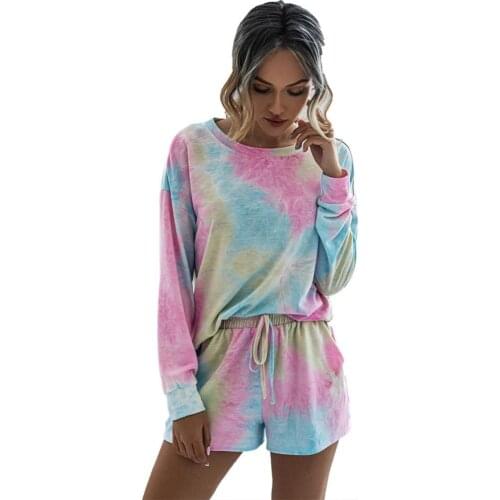 Fashion Women Suit Casual Tie Dye Homewear Set Long Sleeve Blouse Drawstring Shorts Loungewear Pajamas Outfit Set Женский костюм