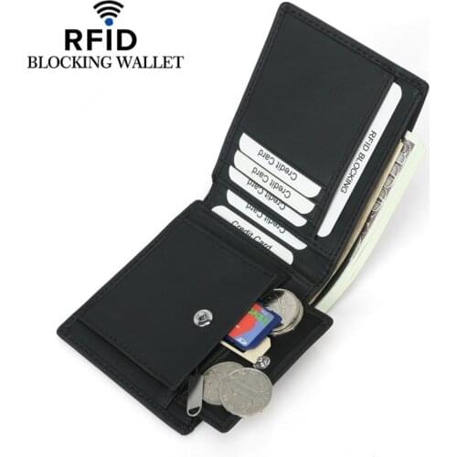 RFID Blocking Man Thin Wallet With Coin Pocket Slim Solid Black Bank Credit Card Holder For Male Short Men Genuine Leather Purse